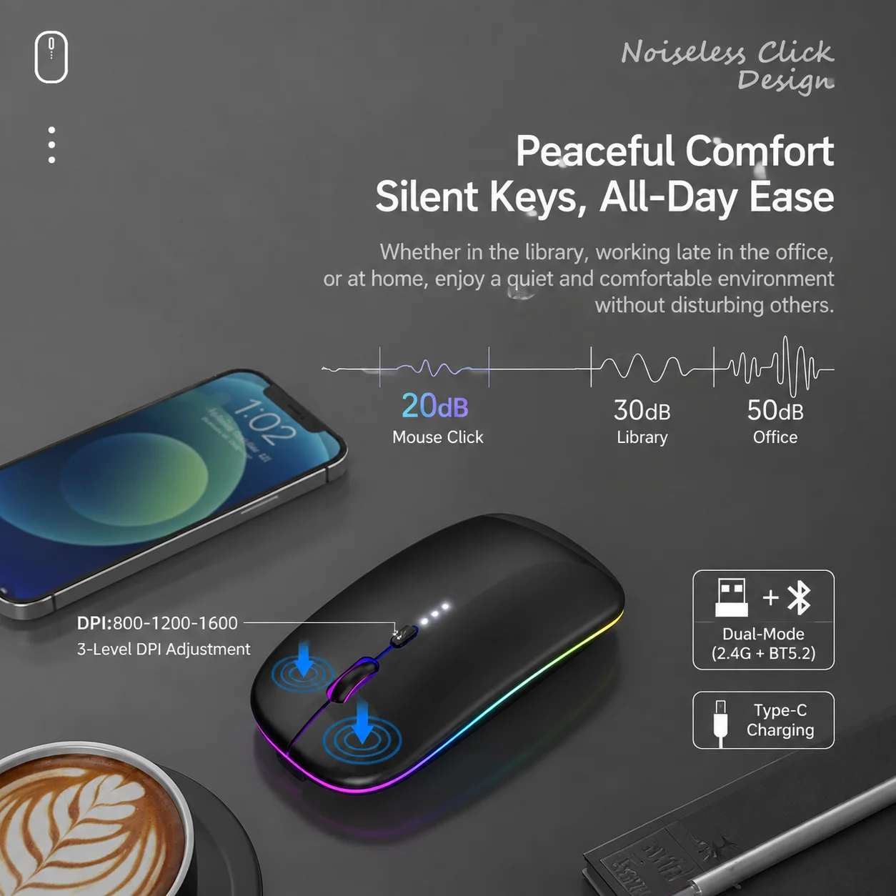 Ergonomic Wireless Bluetooth Mouse with USB Receiver