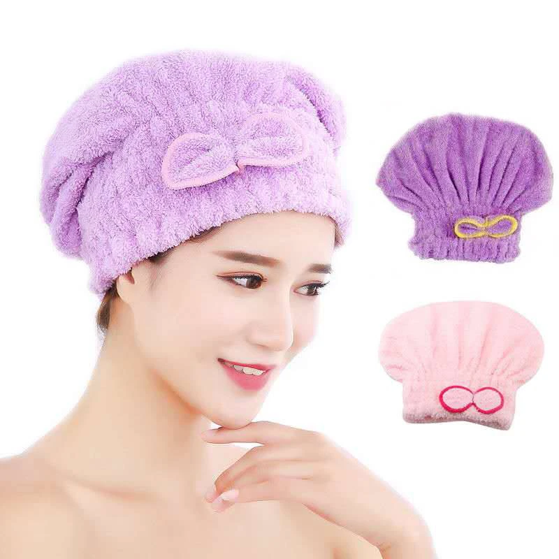 Women Coral Velvet Bath Cap With Bowknot Ladies Hair Drying Quick Towel