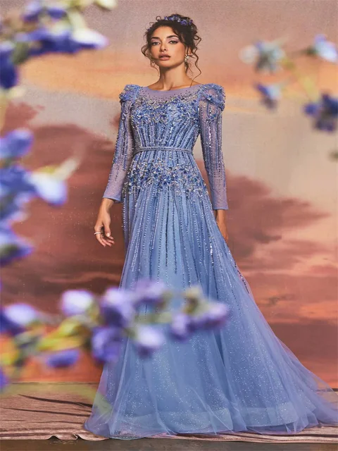 A-Line Mother Of Bride Dresses O-Neck Lace Appliques Long Sleeves V Back Wedding Guest Gowns Elegant Party Dress for Women Ranked Product Recommendation