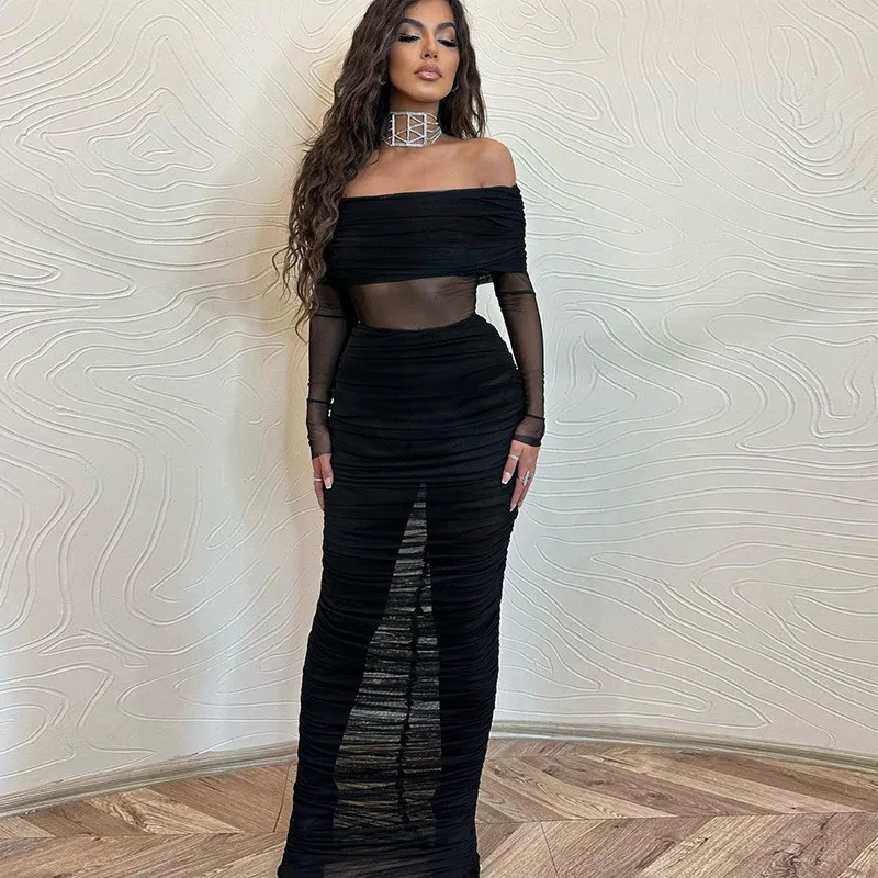 

New Women's Sexy Perspective Mesh Dress with One Shoulder Wrapped Chest and Waist Wrapped One Step Skirt Wrapped Hip Skirt