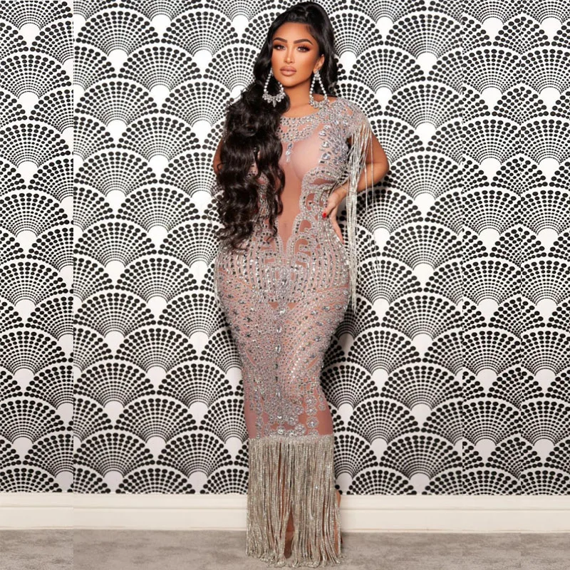 

New Summer Night Out Outfit Silver Crystal Fringe Evening Gown Sexy White Glitter Dress Eye Suction Red Carpet Party Costume