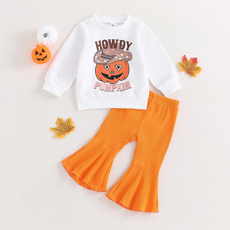 

Baby Girls Halloween Clothes Pumpkin Letter Print Sweatshirt Long Sleeve Pullover Tops and Flared Pants Headband Set 0-3Years