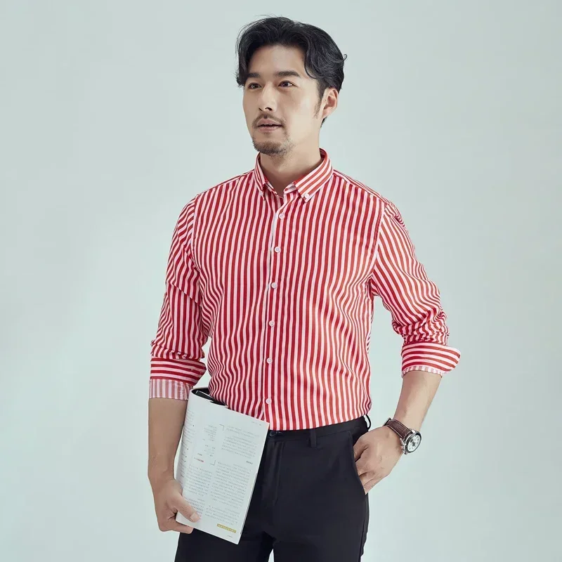 남성용 캐주얼 코튼 셔츠, 단추 부드럽고 얇은 비즈니스 긴팔 스트라이프 셔츠, 라펠 아우터 스트리트웨어, 새로운 트렌드