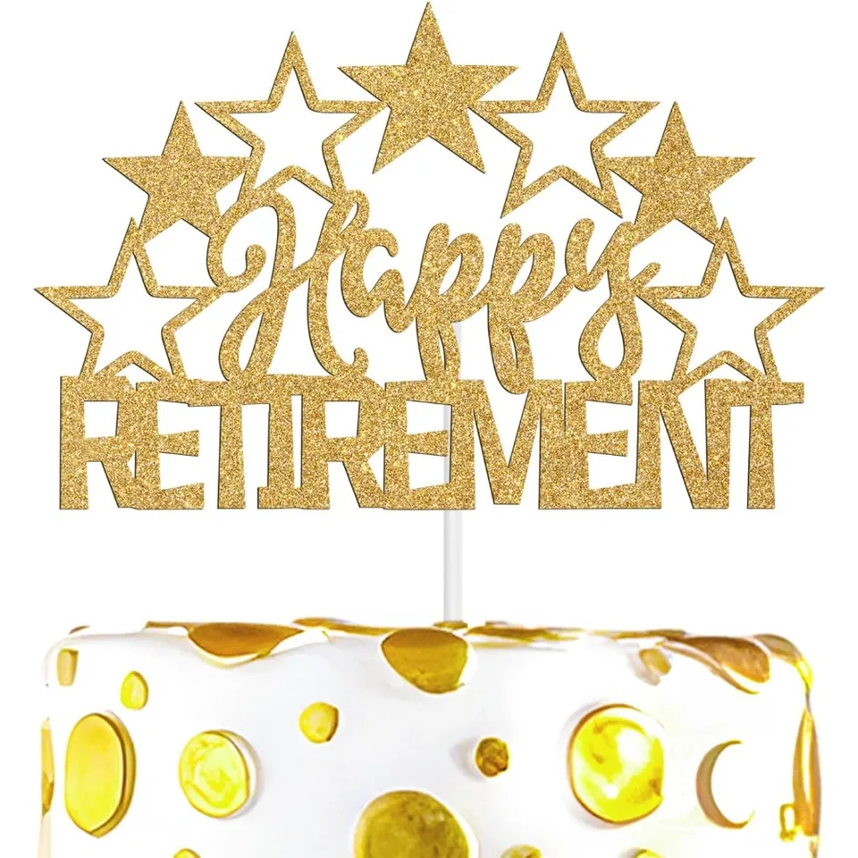 Happy Retirement Gold Glitter Cake Topper Decoration