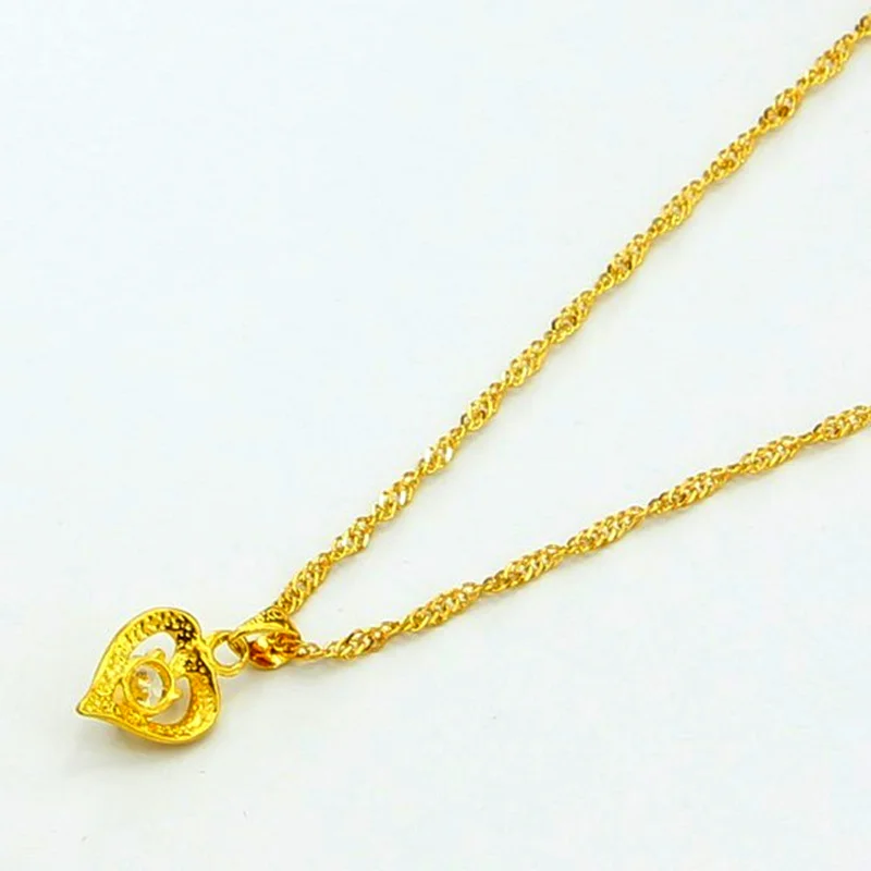Genuine 24k Gold Necklace Zircon Heart Pendant Water Ripple Chain