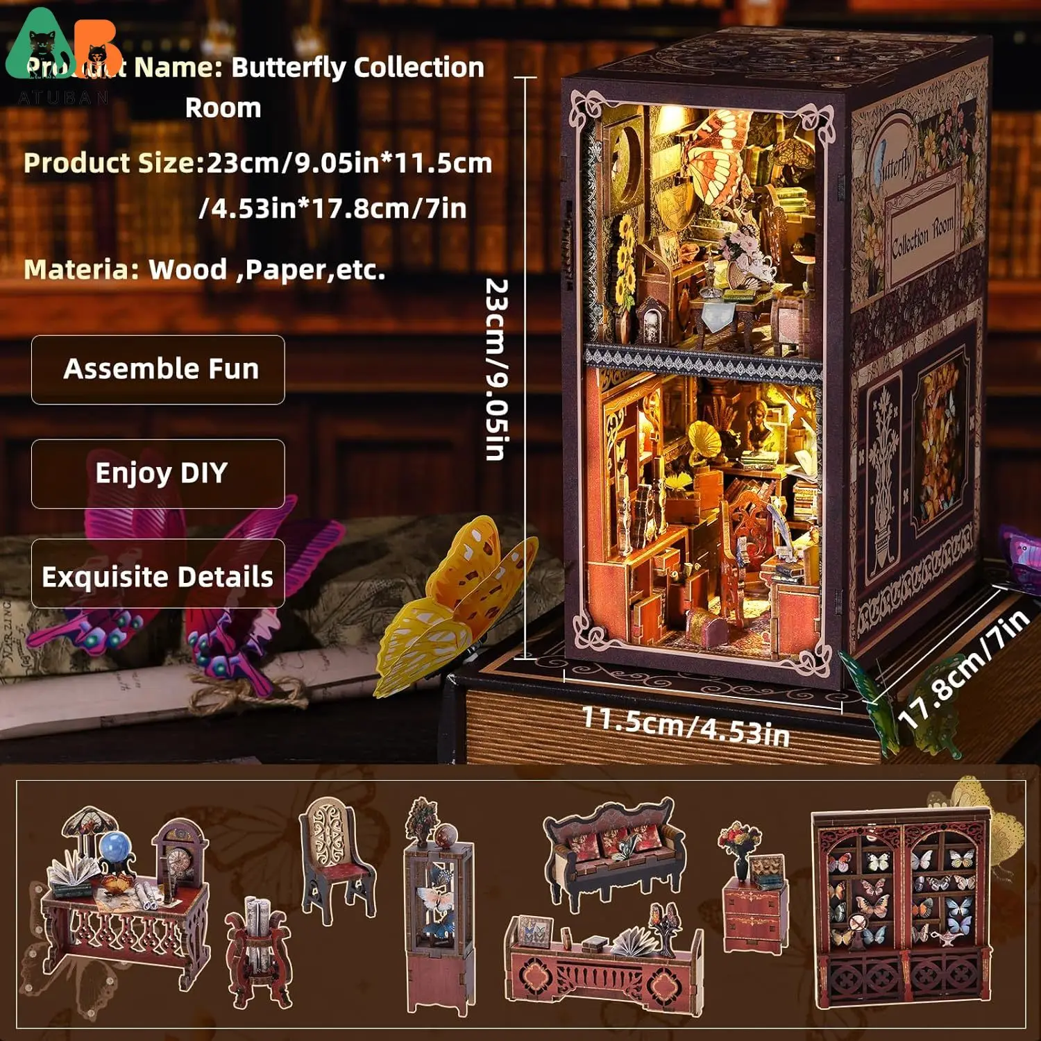 ATUBAN DIY 책 구석 키트, 3D 나무 퍼즐 미니어처 인형의 집, 북엔드 책장 삽입 장식, LED 조명