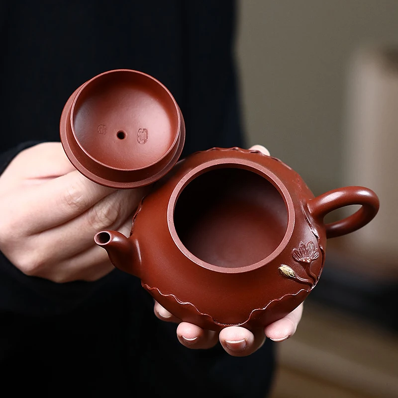 Chinese Style Lotus leaf shape Teapot, Purple Clay Raw ore Dahongpao, Kung Fu Household, Pure Handmade, 200ML, Tea Pots, 1Pc