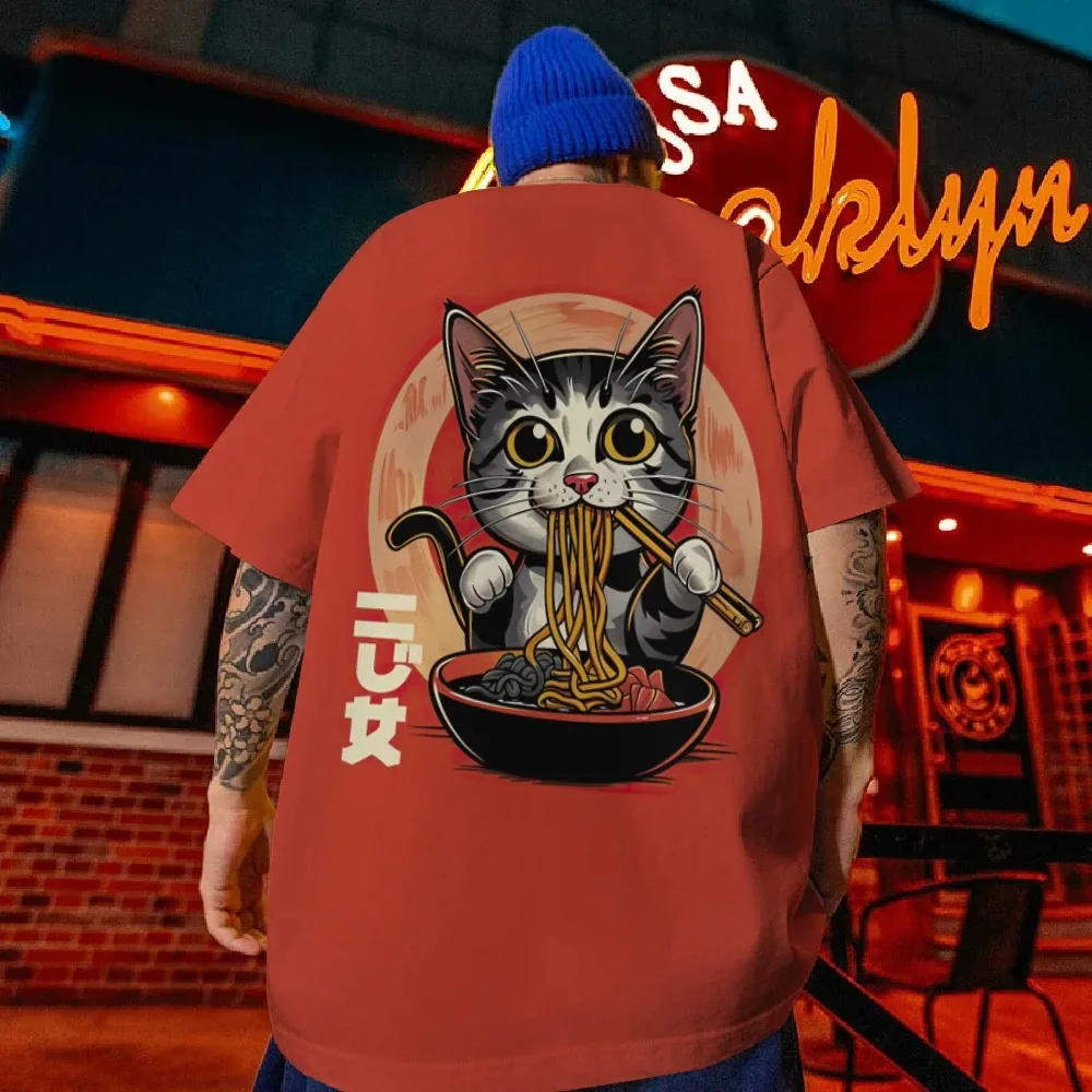 Men's T-Shirt Sushi Lucky Cat Printed Male Clothing Fashion Casual Short Sleeved Loose Oversized Shirt Street Harajuku Tops Tees