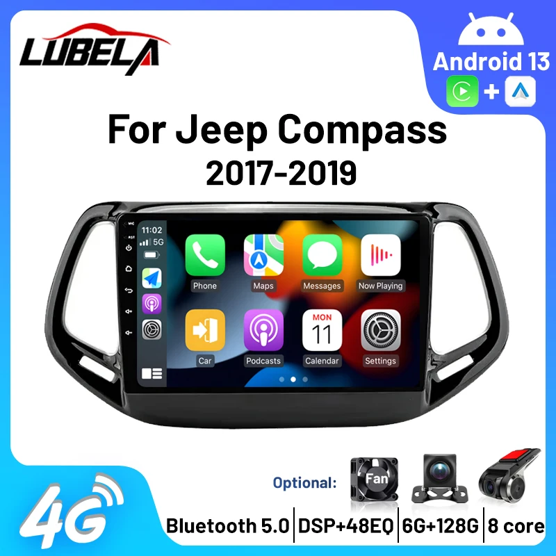 

2Din Android 13 autoradio lettore Video multimediale per Jeep Compass 2 MP 2017-2019 navigazione GPS CarPlay 4G WIFI DVD Stereo