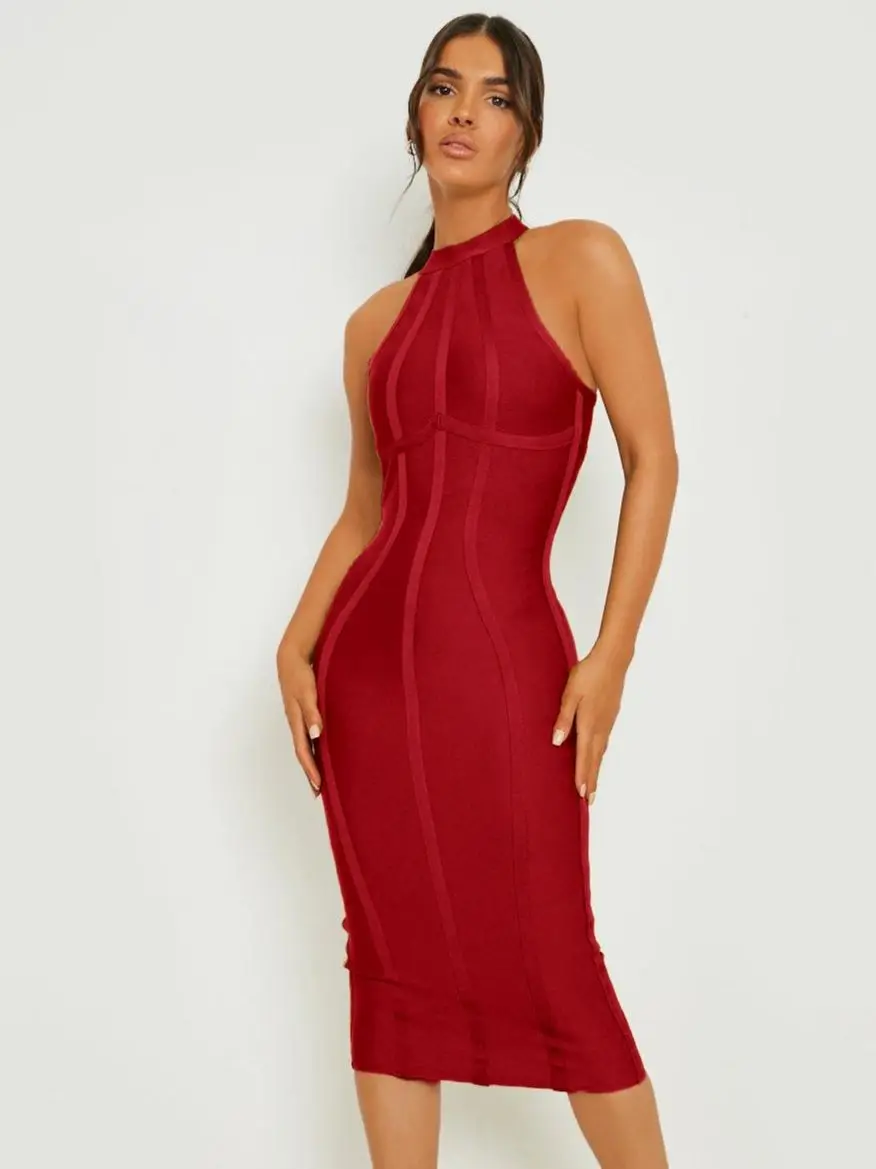 BEAUKEY High Quality Wine Red Vintage Bandage Dress Women 2023 Summer Tank Zipper Split Bodycon Evening Dress XL Party Vestidos