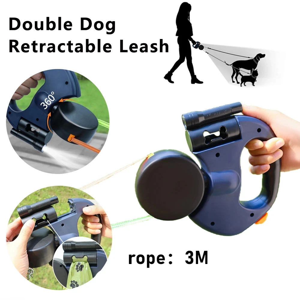 Retractable Dual Doggie Leash with LED Light 360 Swivel No Tangle for Each Dog Independent Braking with 3M Reflective Leads Retractable Dual Doggie Leash with LED Light 360 Swivel No Tangle for Each Dog Independent Braking with 3M Reflective Leads