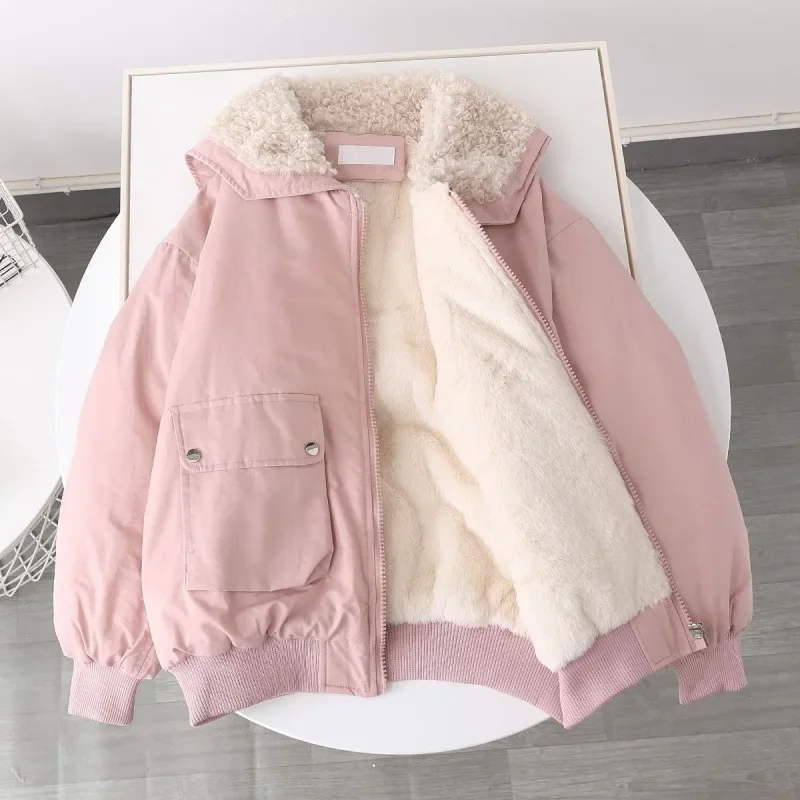 Winter Thicken Warm Parkas Women Lining Fleece Loose Casual Multi Pocket Turn-down Collar Lamb Wool Korean Thick Padded Jacket genesis the lamb lies down on broadway 2cd