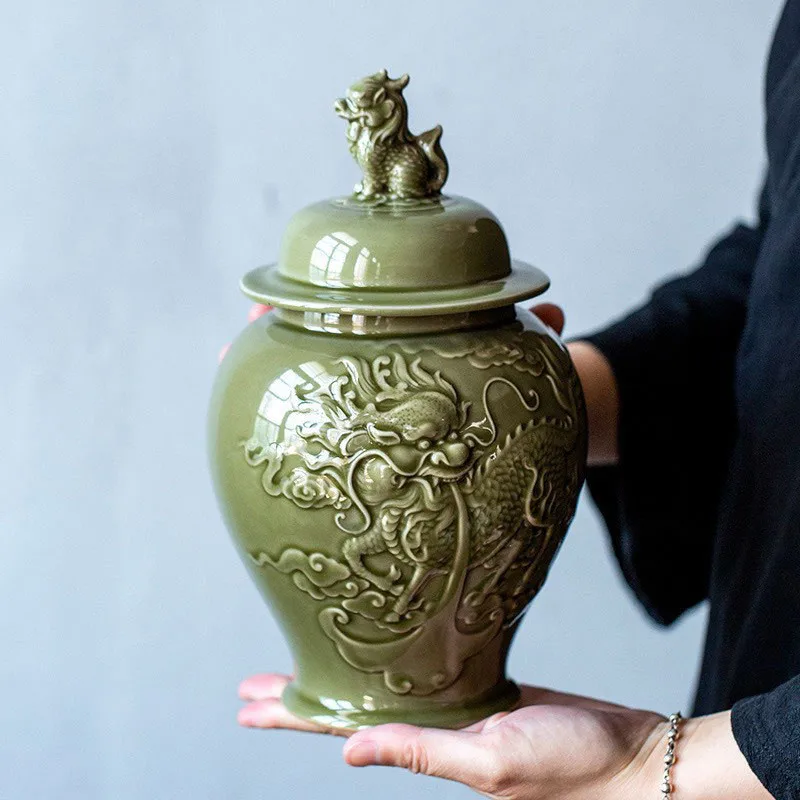

Рельефная керамическая банка Celadon, емкость для хранения чая, фарфоровый имбирный горшок, Кухонный Контейнер Kylin Grain, украшение для дома