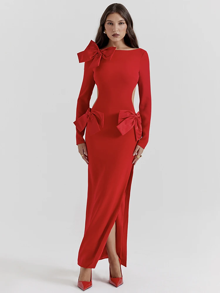 

Elegant Long Sleeve Red Black O Neck Women Maxi Bandage Dresses Sexy Backless Tie Bows Slim Celebrity Runway Evening Party Dress