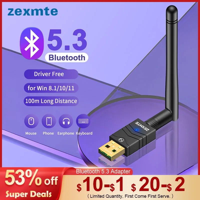 Zexmte100MBluetooth53AdapterFreeDriverUSBBluetoothDongle