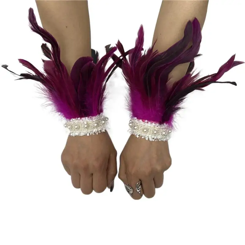 Puños De Plumas De Pavo Real – Guantes Sin Dedos De Encaje, Talla Única 17 Cm, Para Bodas, Halloween Y Cosplay (Rojo)