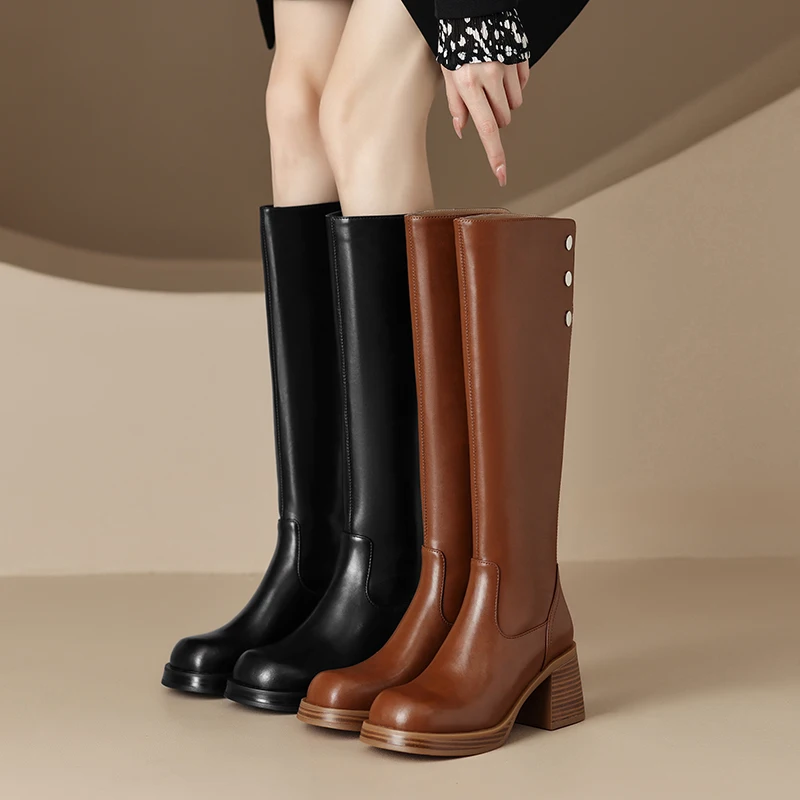

2023 Autumn winter women knee high boots natural leather plus size 22-25cm cowhide+pigskin modern boots back zip Western Boots