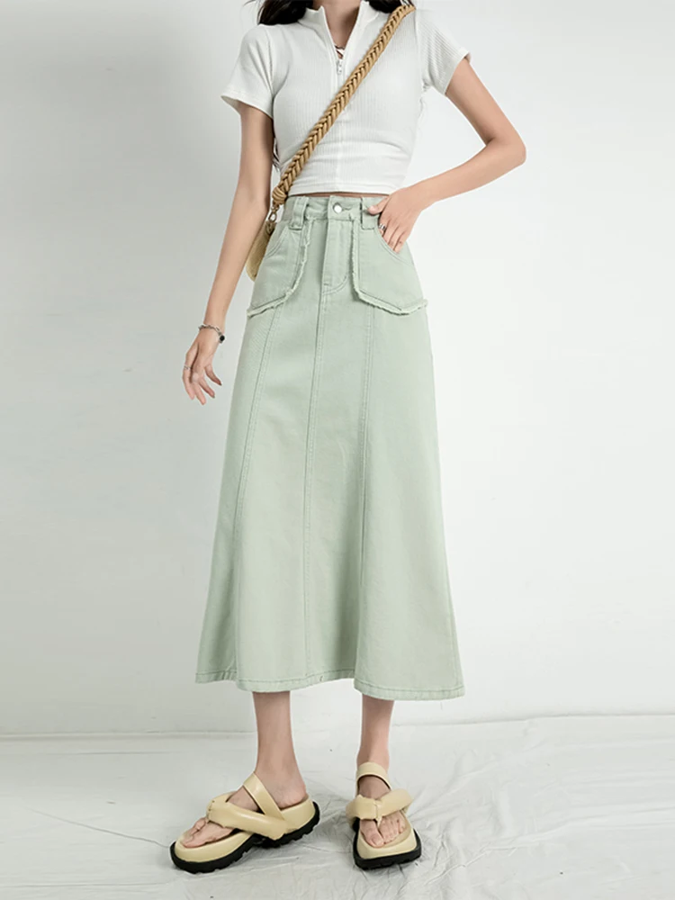 

XS-XL Mint Light Blue Long Denim Skirt High Waist Mermaid Skirts Women Long Jeans Skirts Fashion Casual Ripped Midi Denim Skirts