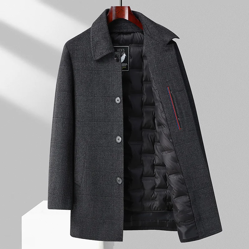 2023 Winter Men Elegant Cashmere Wool Blend Basic Coat Black Gray Plaid Ovecoat With Thicken Quilted Puff Detachable lining Wear