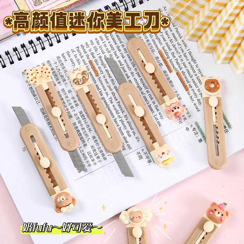 Cartoon Utility Knife for Student Cute Fashion Box Cutter Small Portable Kawaii Beige Coffee Color Letter Opener Office 1 Piece