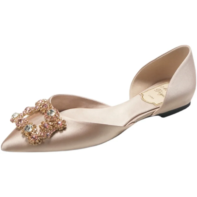 2022 Summer New Silk Rhinestone Square Button Pointed Flat Bottom Women's Shoes Hollow Fashion Crystal Wedding Shoes 5