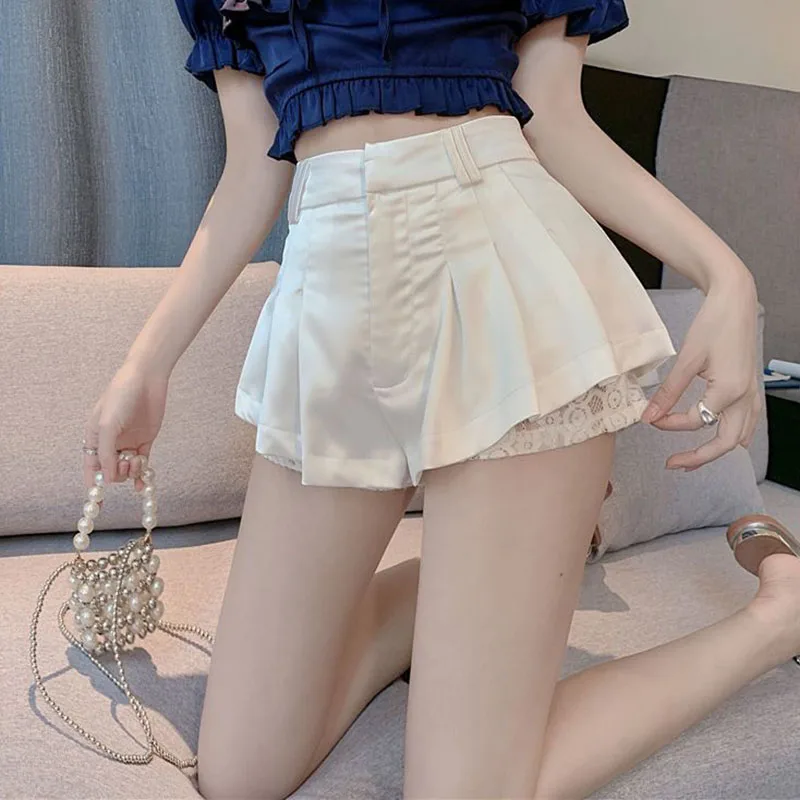 

Sexy Lace Lining Shorts for Women Korean Style High Waist Slim Fit White Wide Leg Pants 2023 Summer Fashion All-Match Culottes