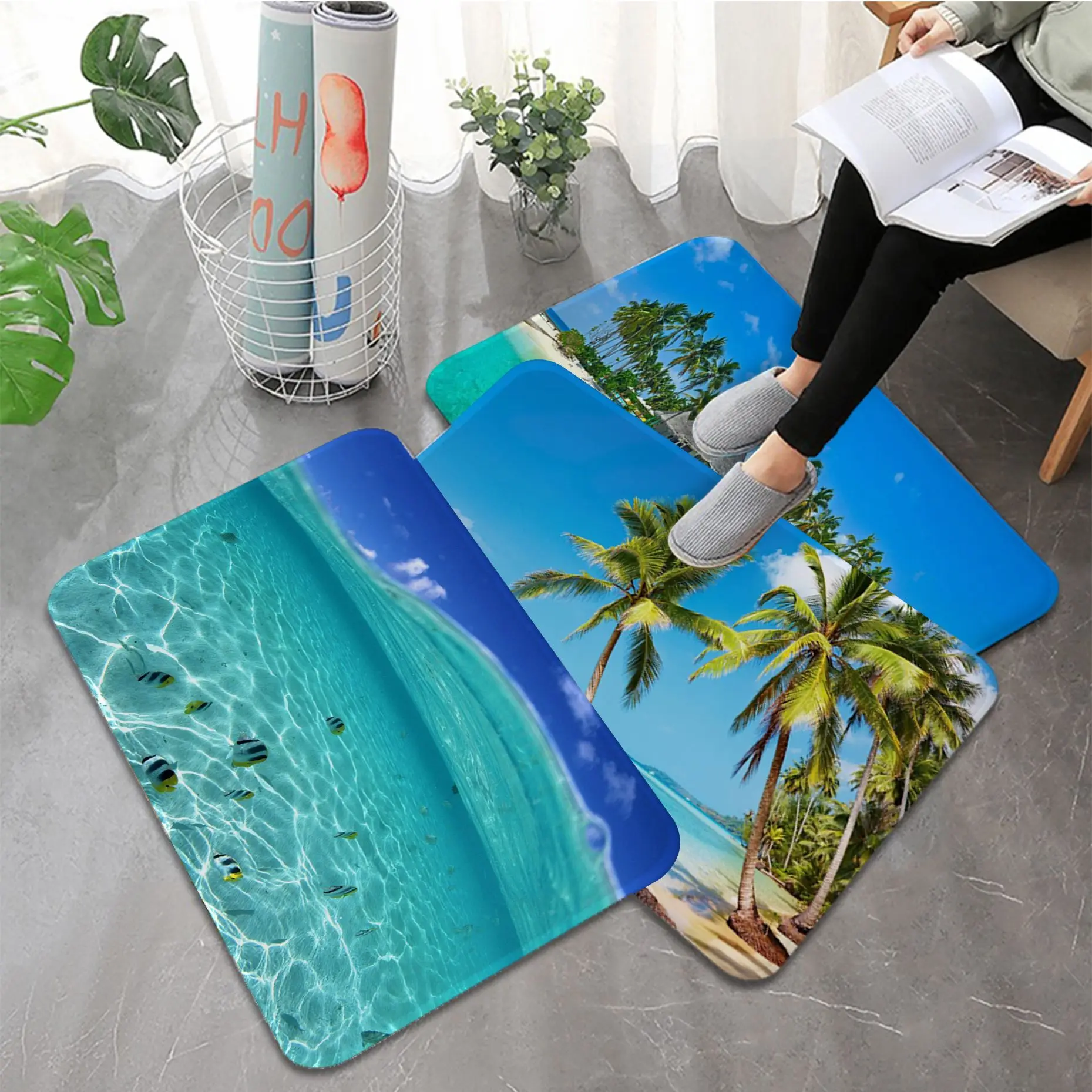 

Blue Sea Beach Floor Mat Bathroom Mat Kids Room Bedroom Decoration Balcony Anti-Slip Doormat Living Room Welcome Rug