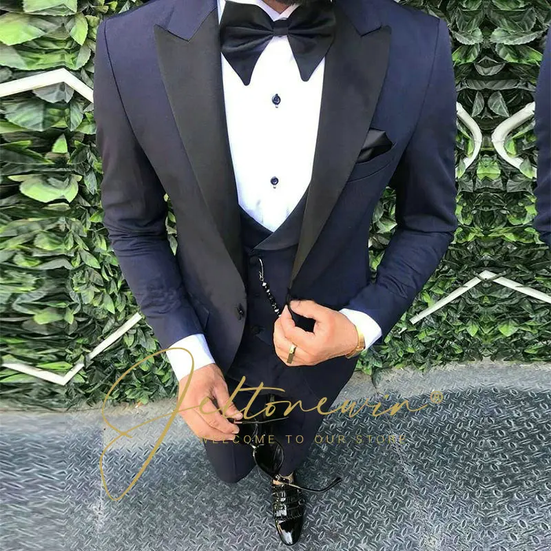 

3 Pieces Men Suit Set Blazers Groom Wedding Suits 2022 Latest Design Navy Blue Formal Tuxedo Party Prom Dress Blazer Sets