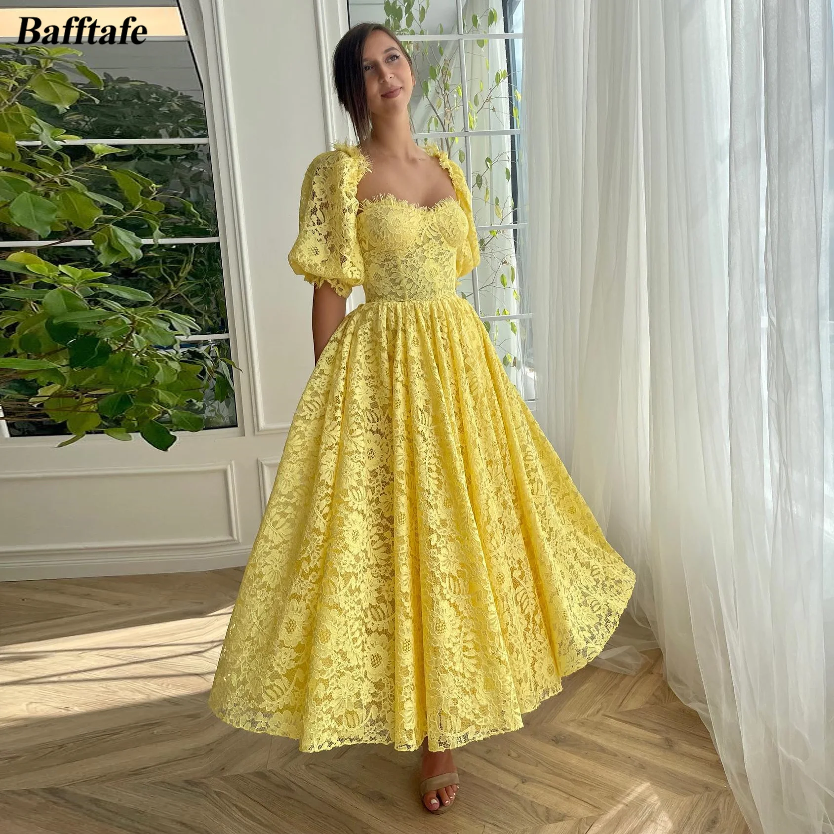 Delicate Yellow Lace Women Prom Dresses Half Sleeves Ankle Length Midi Formal  Evening Gowns Wedding Party Dress Customized - AliExpress 320