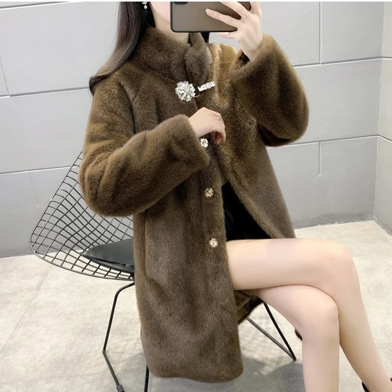 2023 Autumn Winter New High-end  Women's Mid Length Standing Collar Reverse Color Plush Mink Velvet Imitation Fur Jacket Coat
