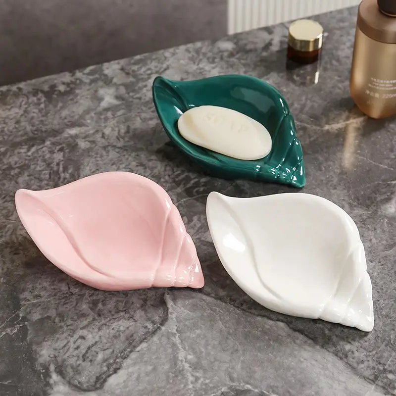 Creative Draining Soap Box, Ceramic Conch Shaped, White Green Pink Soap Dishes, Home Bathroom and Kitchen Articles, 1Pc