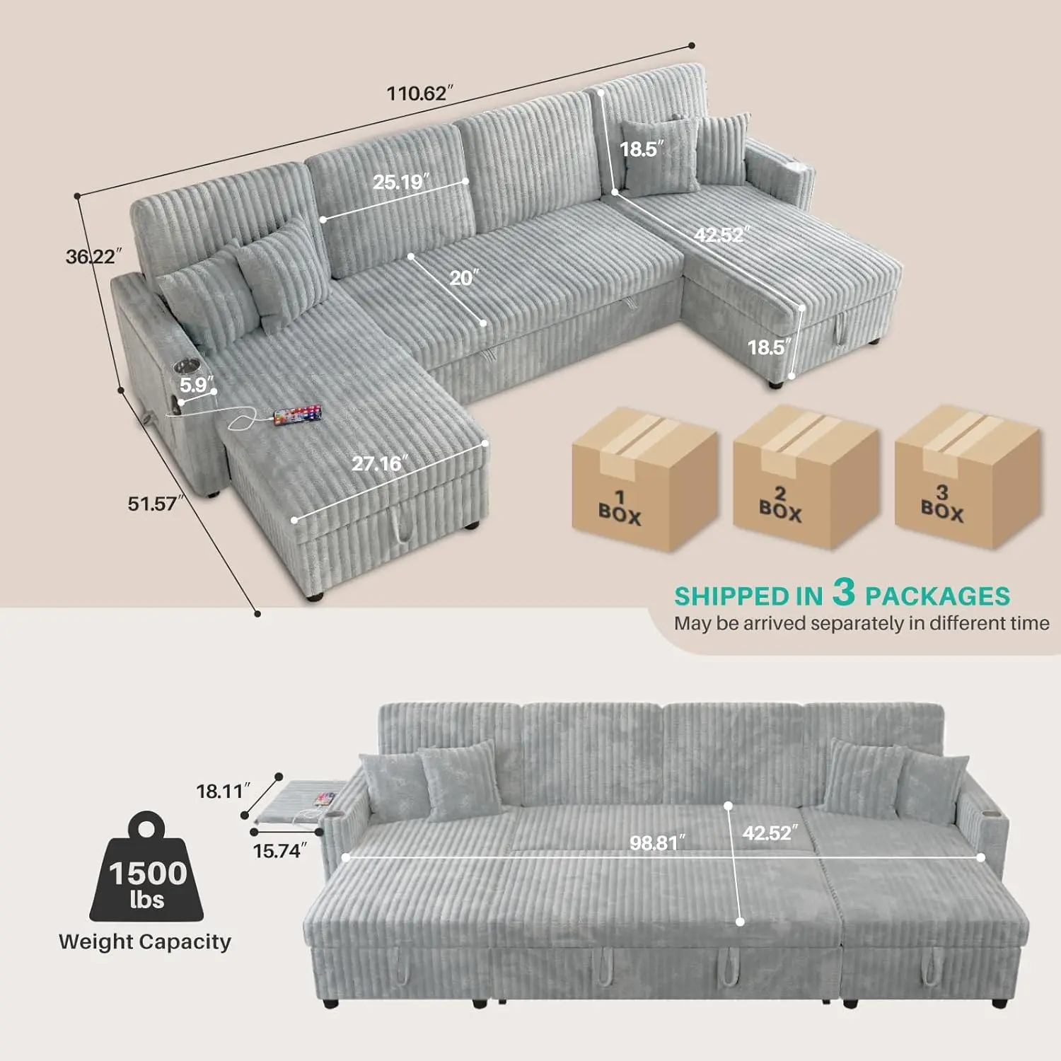 Convertible U-Shaped Sleeper Sofa 3