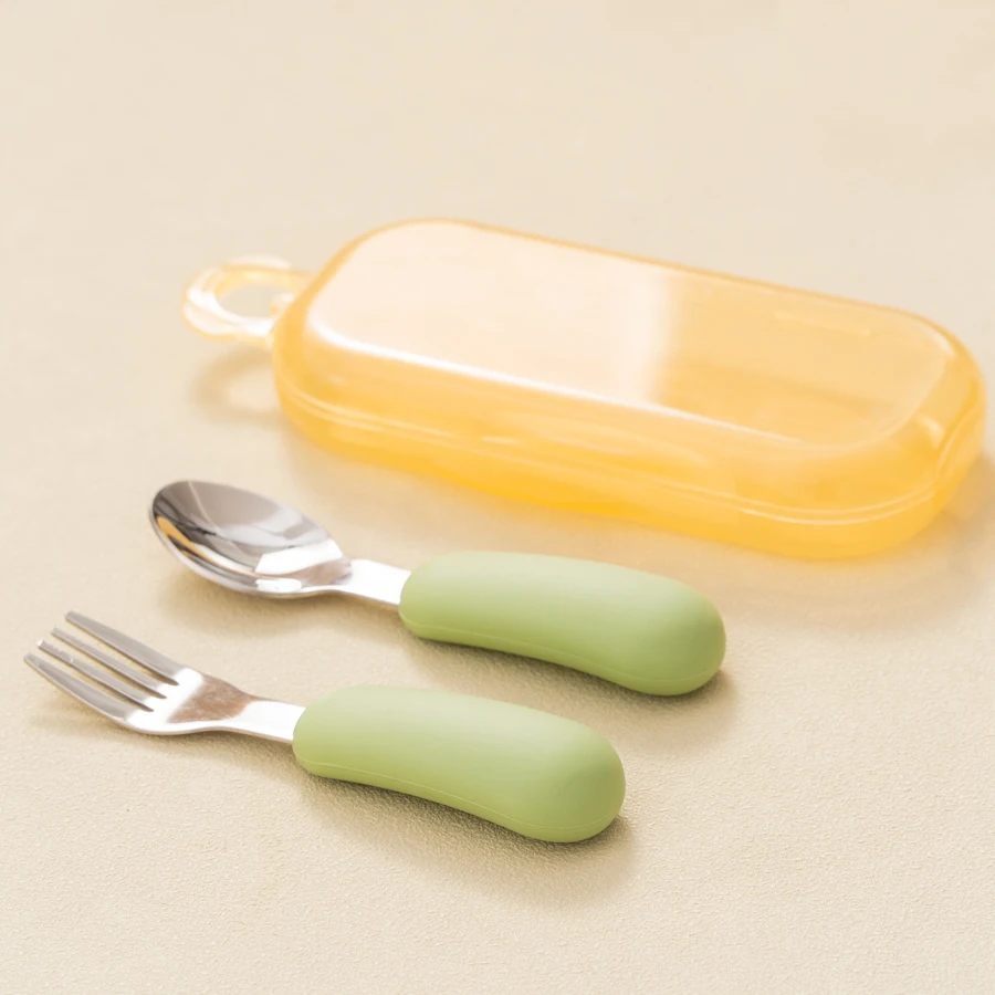 2PC Baby Silicone Stainless Steel Spoon Set Children's Training Fork Spoon Portable Baby Feeding Utensils Tableware Set With Box 3