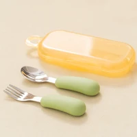 2PC Baby Silicone Stainless Steel Spoon Set Children's Training Fork Spoon Portable Baby Feeding Utensils Tableware Set With Box 1