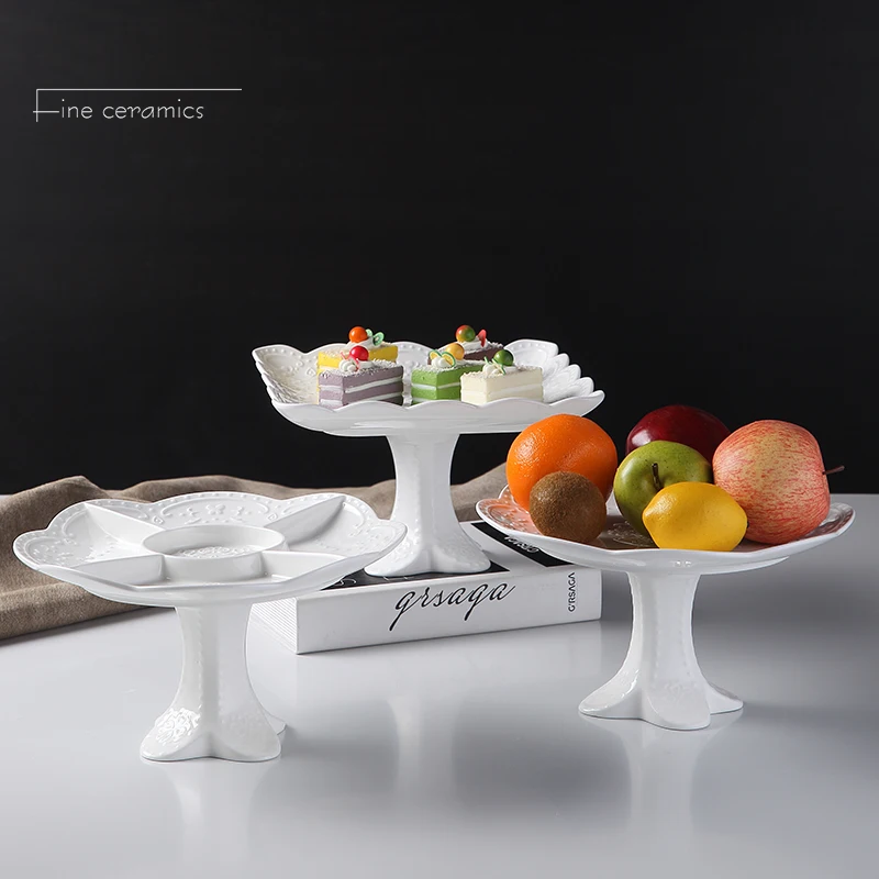 

Plain White Embossed Porcelain Cake Stand Plate, Ceramic Fruit Stand for Wedding, Party Buffet Snack Serving, Candy Holder Dish