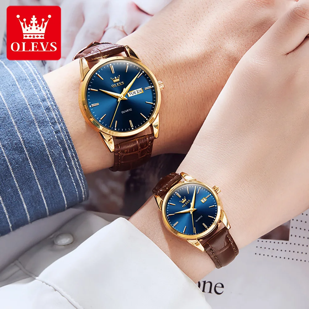 OLEVS Couple Watches Fashion Leather Strap Quartz Watches for Women and Men Simple Date Week Dial Waterproof Couple Wrist Watch
