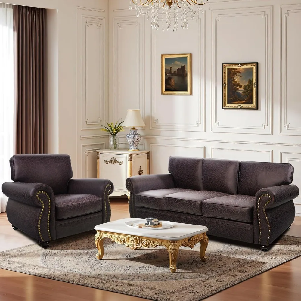 mid-century vintage sofa couches with rivet design,3-seater sofa,removable sofa cover upholstered cushions and solid wood frame