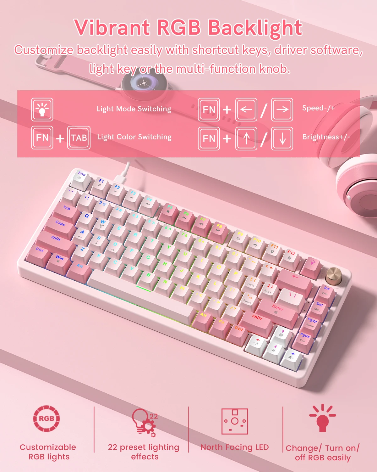 Womier VK75 유선 기계식 키보드 레트로 핑크 커스텀 핫스왑 키보드 PC 컴퓨터 노트북용