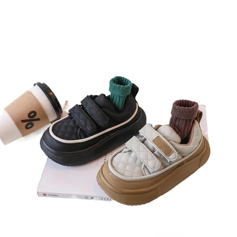 

Kids Little White Shoes New Thick Soled Elevated Casual Board Shoes Fashion Children's Hook Loop Skateboard Shoes