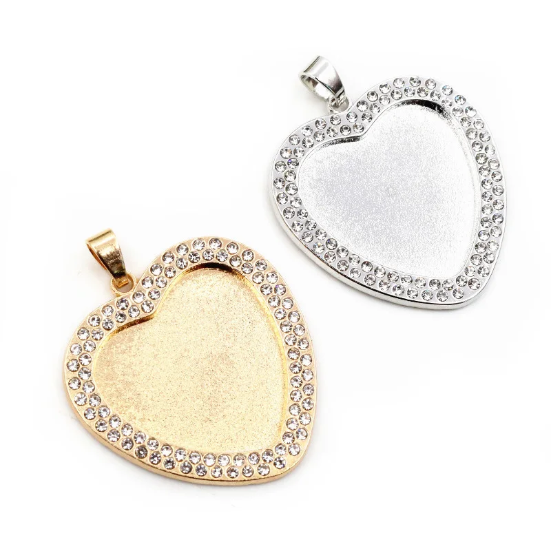 5pcs 25mm Innere Größe Rhodium KC Gold Überzogene Transparent Strass Herz Blank Cabochon Basis Einstellung Charms Anhänger