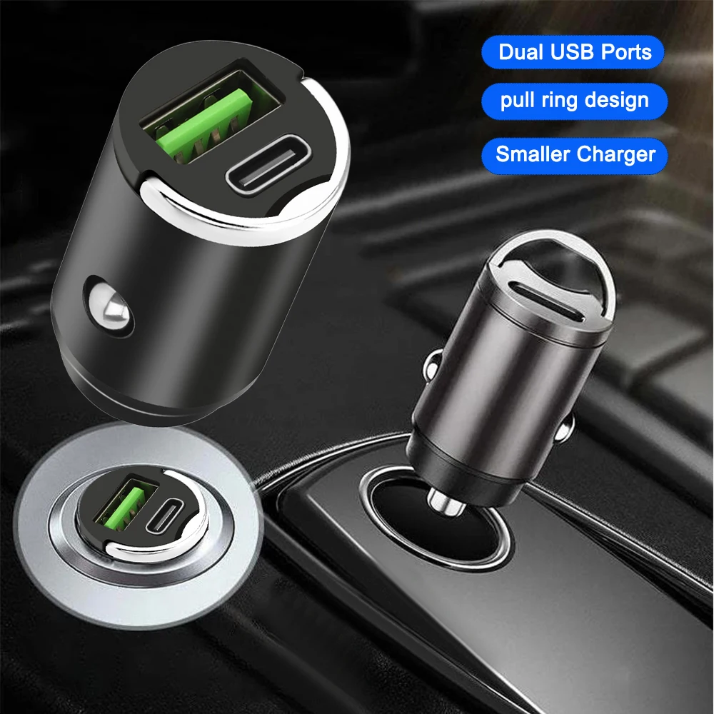 Compact USB/QC3.0 PD Fast Charging Car Charger Adapter 12-24V