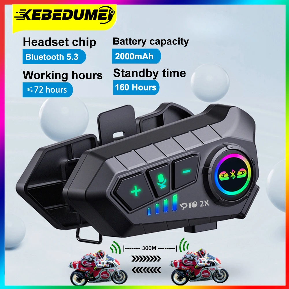 Kebidumei YP10 Motorcycle Intercom For 2 Rider Bluetooth 5.3 300M IPX6 Waterproof Communicator Helmet Headset Interphone 2000Mah