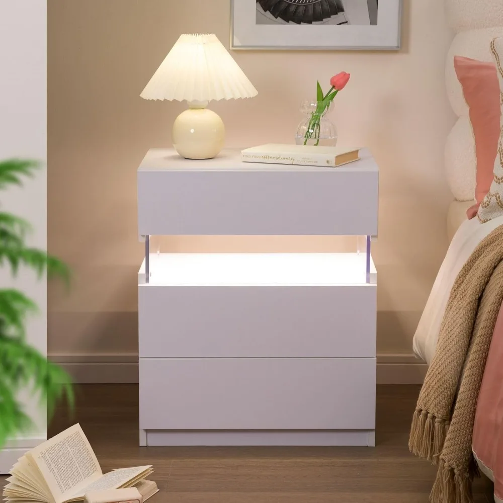 Night Stand Set 2 White Nightstand Set of 2 with 3 Drawers LED Night Stands for Bedrooms Set of 2 Modern White Night Stand