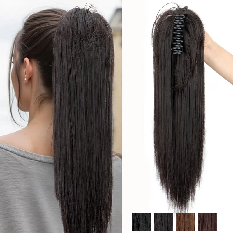 18Inch Synthetic Long Straight Claw Clip in Ponytail Hair Extension Half-Tied Fiber Black Brown Hairpiece for Women