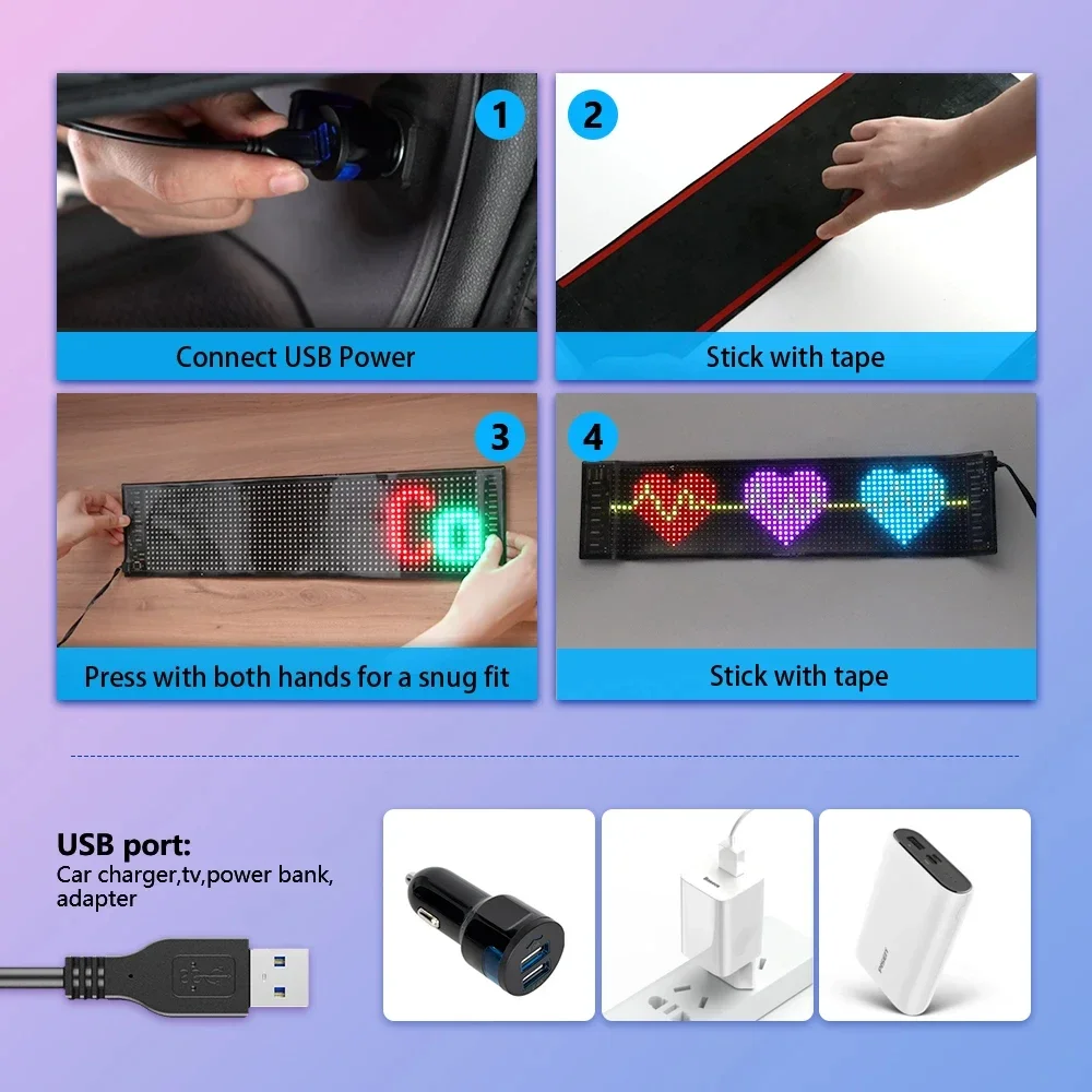 LED Matrix Pixel Panel, Scrolling Bright Advertising LED Signs, Flexible USB 5V LED Car Sign Bluetooth App Control 6