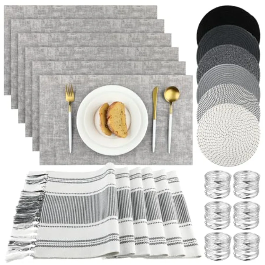 19 Pcs Table Runner Placemat and Napkin Ring Set Modern Woven Macrame Runner with Tassel 11.8 x 106.3'' Round and Rectangle Tab