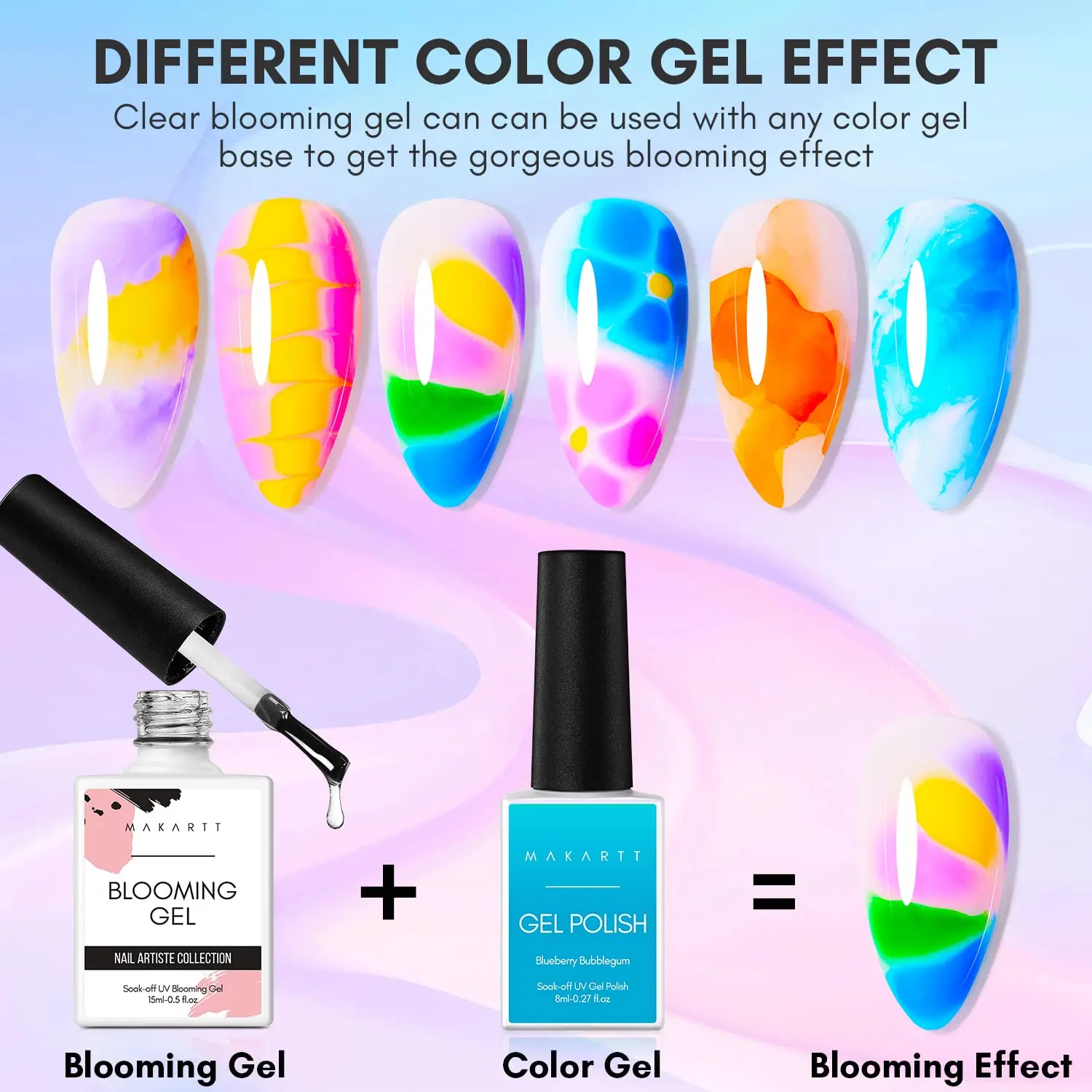 Gel per fioritura delle unghie -Makartt Soak off UV LED Smalto per unghie in gel fiorito trasparente per scalmare l'effetto marmo Smalto gel per acquerello 15 ml - immagine 2