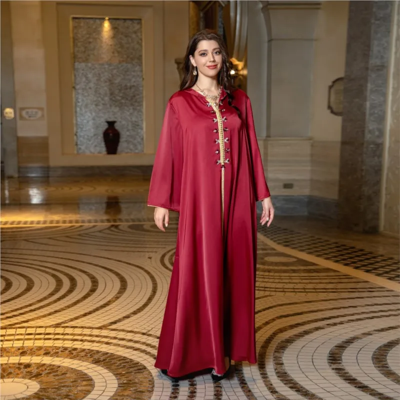 Middle East Cross-Border Muslim Robe Satin Beaded Dress Dubai Light Luxury Ethnic Evening