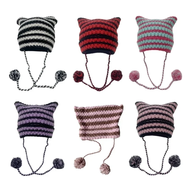 

Adult Knit Ear Hat with Pompoms Decor Students Outdoor Cycling Skiing Hat Winter Keep Warm Hat for Couple