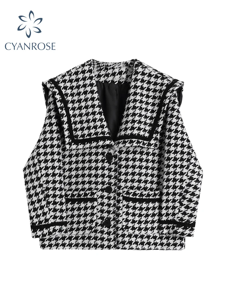 

Korean Casual Short Jacket For Women Plaid 2022 Autumn Winter Warm Coat Vintage Fashion Loose Tweed Jackets Femme Outwear Tops